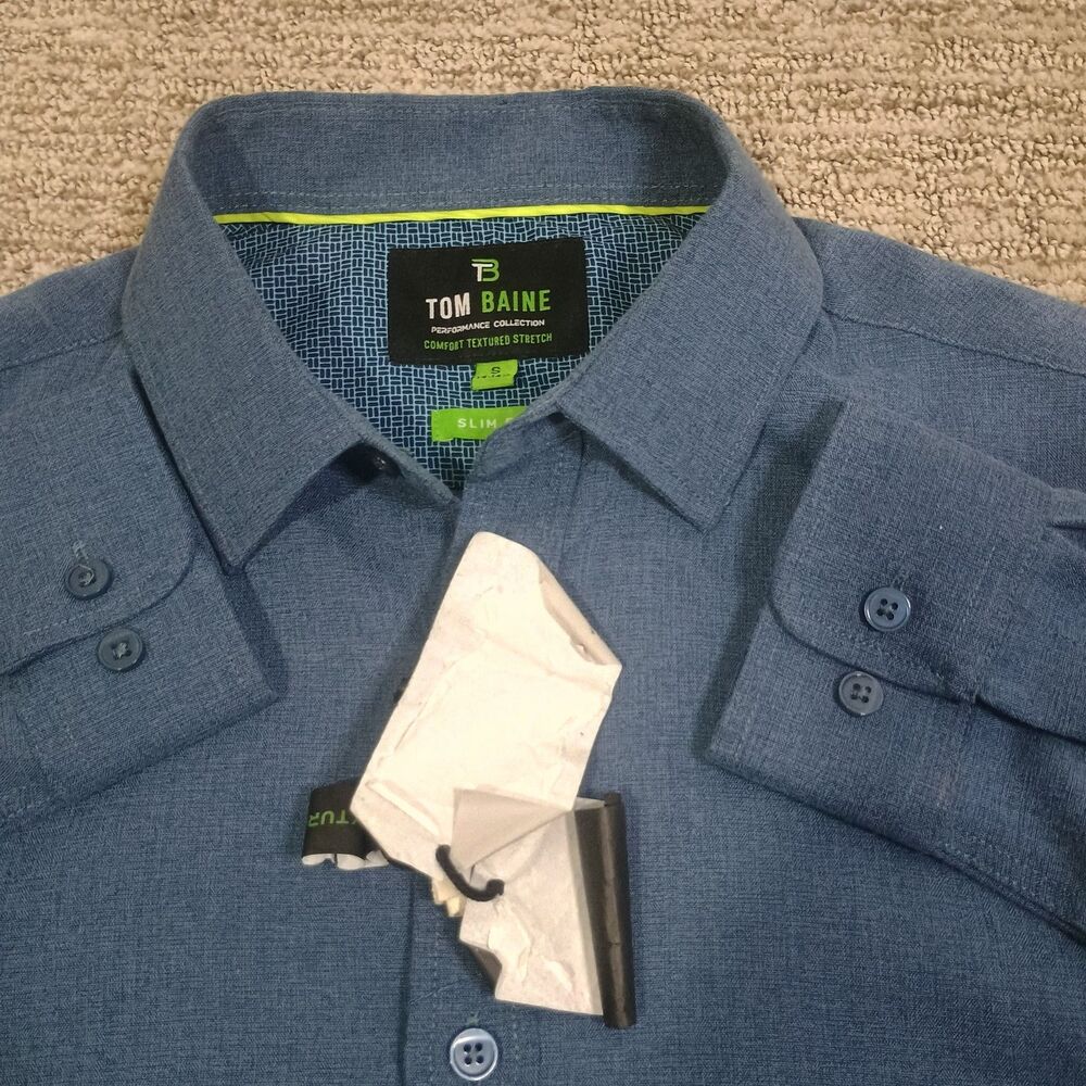 Tom Baine Button Down Shirt Mens Small Blue Slim Fit Performance Stretch NWT